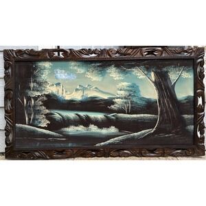 Vtg Mountain Landscape Black Velvet Painting 50x 27.5 Carved Wooden Frame Signed